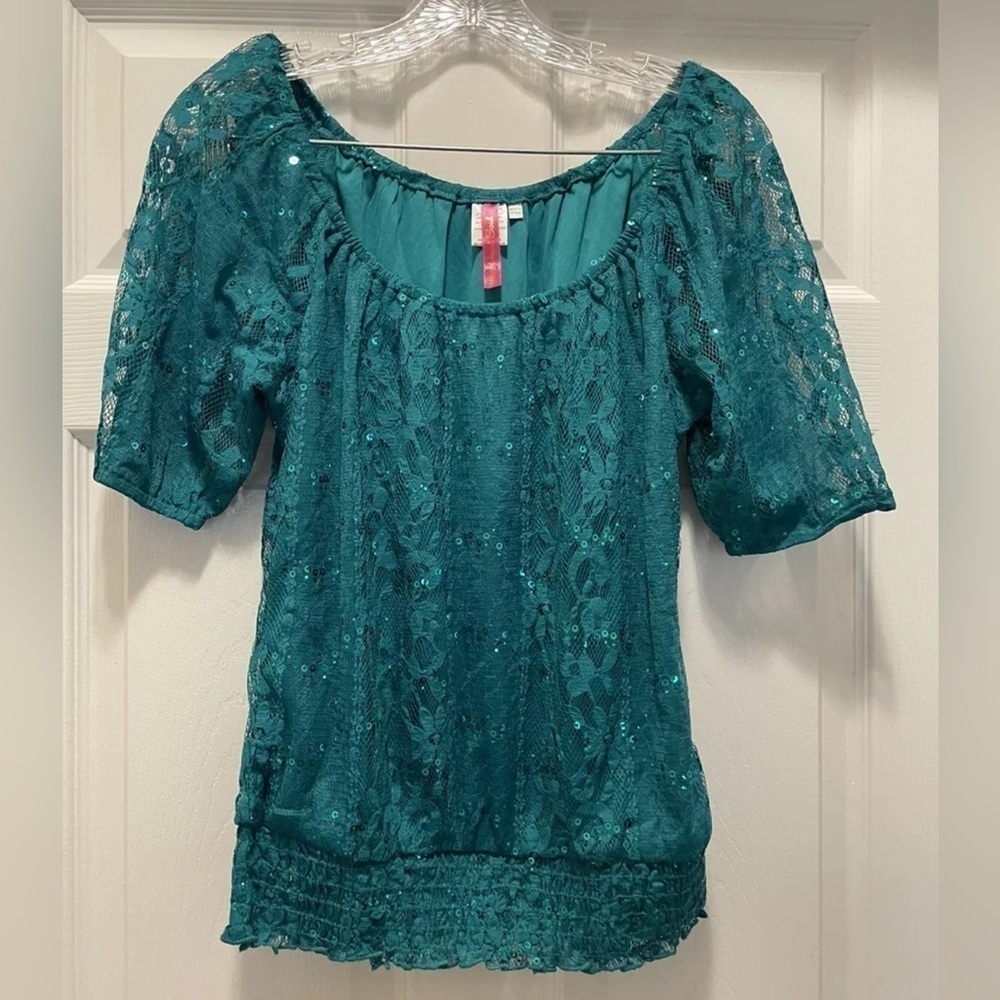 Y2K Heart Soul Teal Sequined Blouse Size Large